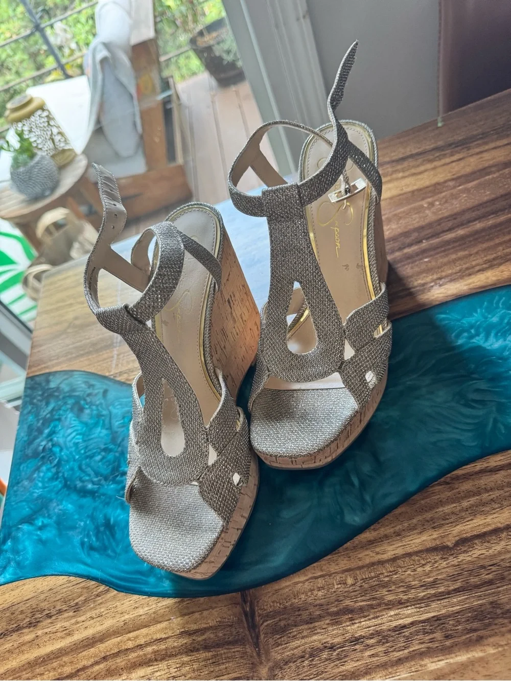 Jessica Simpson Metallic Gold Cork Platform Wedge Sandals